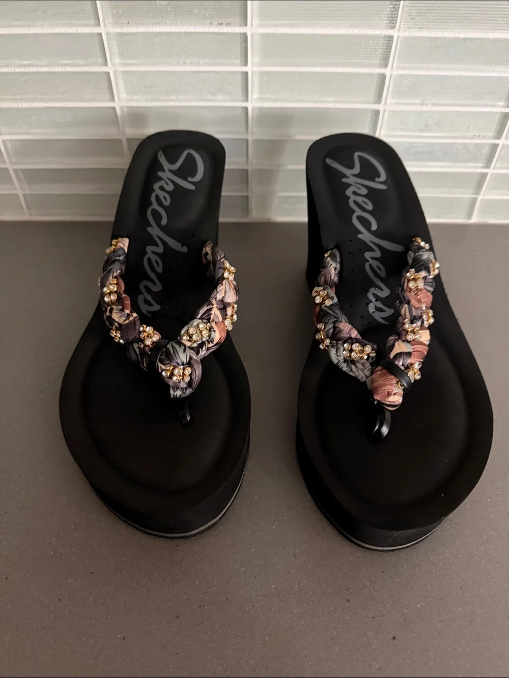 Skechers Black Wedge Sandals with Braided Multi-Color Straps